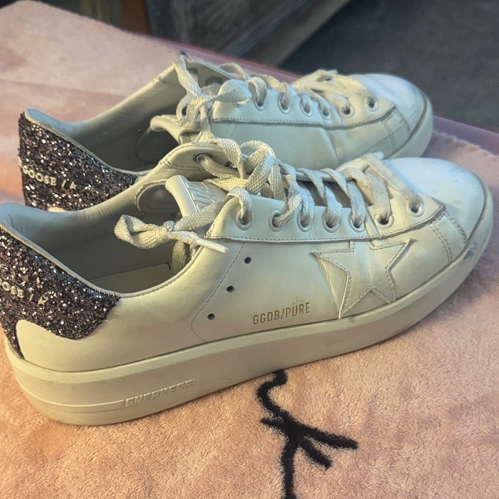 Golden Goose White Leather Low-Top Sneakers with Glitter Heel EU 38 US 8